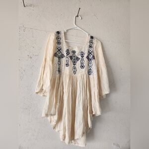 Free People Cream Tunic with Navy Embroidery